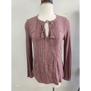 Lucky Brand Waffle Knit Peasant Blouse Smokey Mauve Womens S Boho Cottagecore